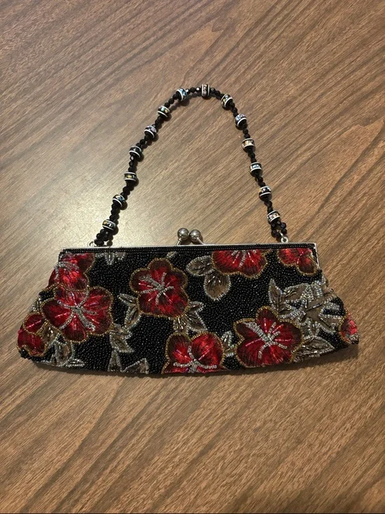 Leko Vintage Style Beaded Evening Clutch Purse Red Velvet - Picture 1 of 3